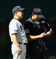 　８回、投手交代を告げる平田２軍監督（撮影・山口登）