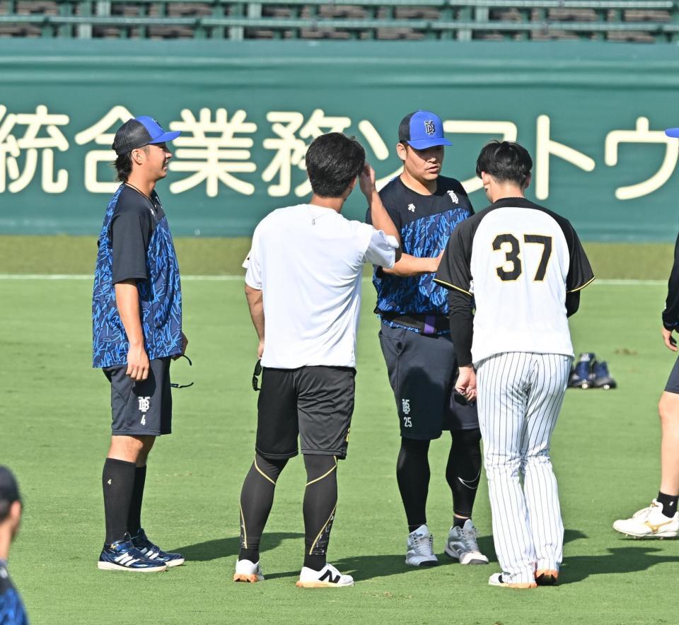 　グラウンドで言葉を交わす（左から）度会、伊藤将、筒香、及川の横浜高ＯＢ（撮影・西田忠信）