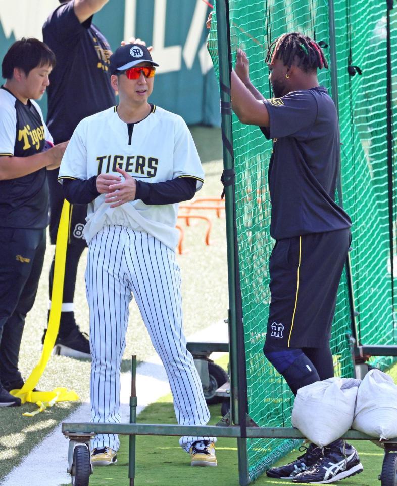 　ドリス（右）と話をする藤川監督（撮影・立川洋一郎）
