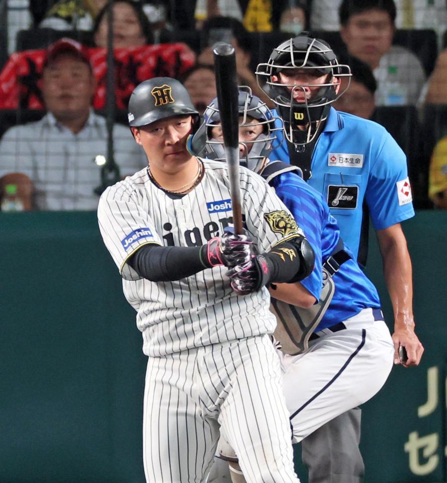 　７回、空振り三振に倒れる大山（撮影・立川洋一郎）
