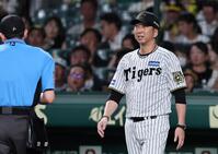 　７回途中、投手交代を告げる藤川監督（撮影・田中太一）