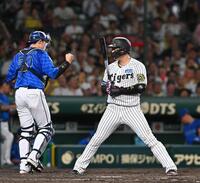 　５回、見逃し三振に倒れる大山（右）＝撮影・西田忠信