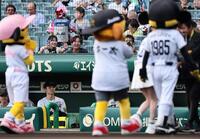 　ファーストピッチセレモニーを終えたＦＲＵＩＴＳ　ＺＩＰＰＥＲの鎮西寿々歌を見つめる栄枝（撮影・田中太一）