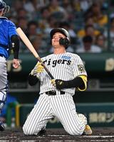 　１回、見逃し三振に倒れ膝をつく森下（撮影・西田忠信）