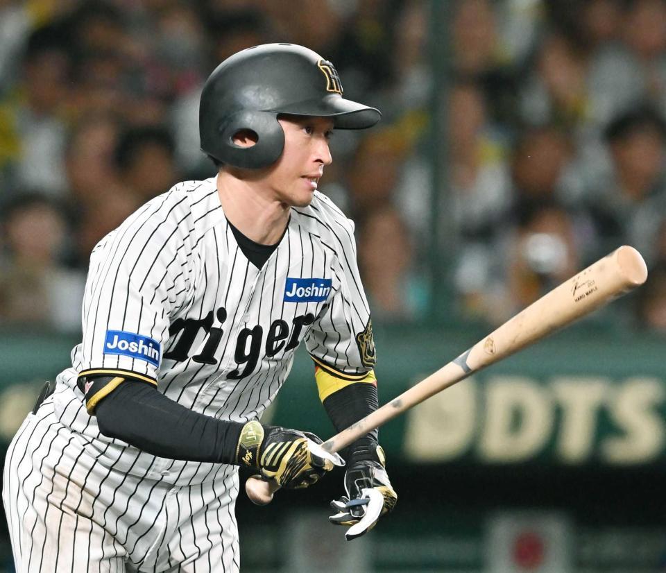 　８回、右前打を放つ近本（撮影・西田忠信）