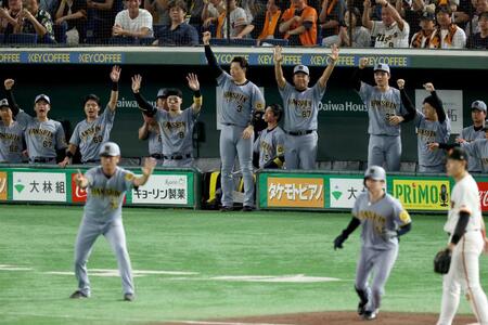 　５回、中野の勝ち越し３点三塁打で盛り上がる阪神ベンチ（撮影・金田祐二）