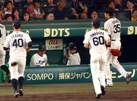 　７回、先制を許しベンチに戻る才木（右）。中央左は藤川監督（撮影・山口登）