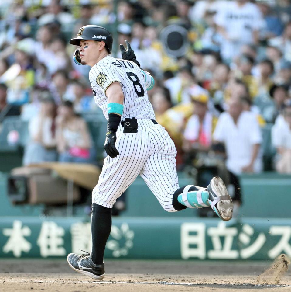 　５回、左翼ポール際に３８号２ランを放つ佐藤輝（撮影・田中太一）