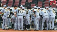 　試合前、ベンチ前で円陣を組む阪神ナイン（撮影・北村雅宏）