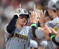 　６回、生還した森下はナインとタッチを交わす（撮影・田中太一）