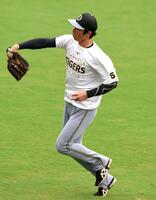 　試合前、中堅手のポジションでノックを受ける近本（撮影・北村雅宏）