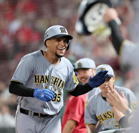 　６回、来日１号ソロを放ったへルナンデスは大喜び＝マツダスタジアム（撮影・田中太一）