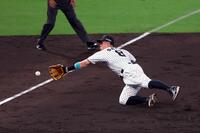 　３回、蝦名の打球を好捕する佐藤輝（撮影・山口登）