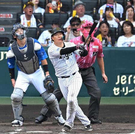 　７回、１１号ソロを放つ大山（撮影・飯室逸平）