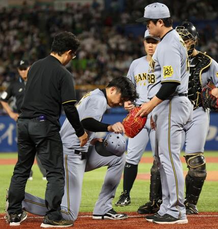 　６回、打球を足に当て、ベンチへ下がる才木（撮影・田中太一）