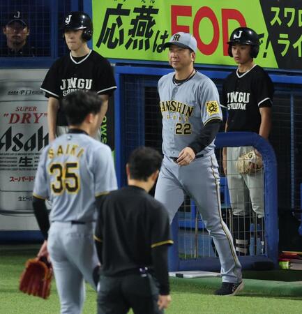 　６回、北村恵の打球を受け降板の才木に厳しい表情の藤川監督（撮影・金田祐二）