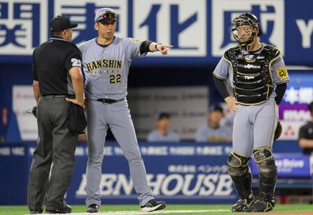 　１１回、坂本（右）の打者走者妨害に抗議する藤川監督（撮影・棚橋慶太）