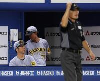 　１２回、リクエストに失敗した藤川監督（左）＝撮影・棚橋慶太