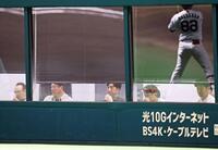 　コーチ陣とウエスタンの試合を観戦する藤川監督（中央）＝撮影・立川洋一郎