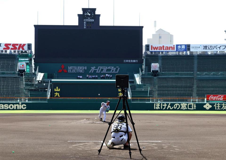 　マウンドで投球練習する村上（撮影・山口登）