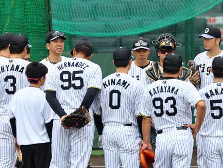 　円陣でナインに指示を出す藤川監督（中央左）＝撮影・山口登