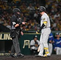 　２回、見逃し三振に倒れ白井球審（左）に詰め寄る森下（撮影・西田忠信）