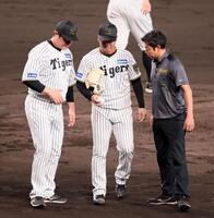 　３回、岡林の打球を足に受け治療のためベンチへ下がる村上（中央）＝撮影・立川洋一郎