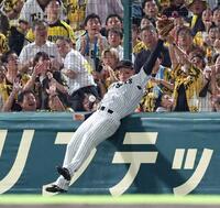 　５回、森駿のフェンス際の打球に飛び込む森下だが、捕球できず。三塁打となる（撮影・北村雅宏）