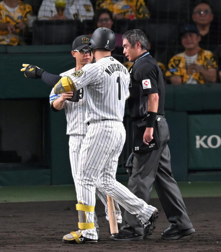 　２回、上本コーチに促されベンチへ戻る森下（撮影・飯室逸平）