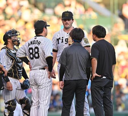 　９回、打者・森の時、手当てのためベンチに下がりそのまま交代となったハートウィグ（中央）＝撮影・西田忠信