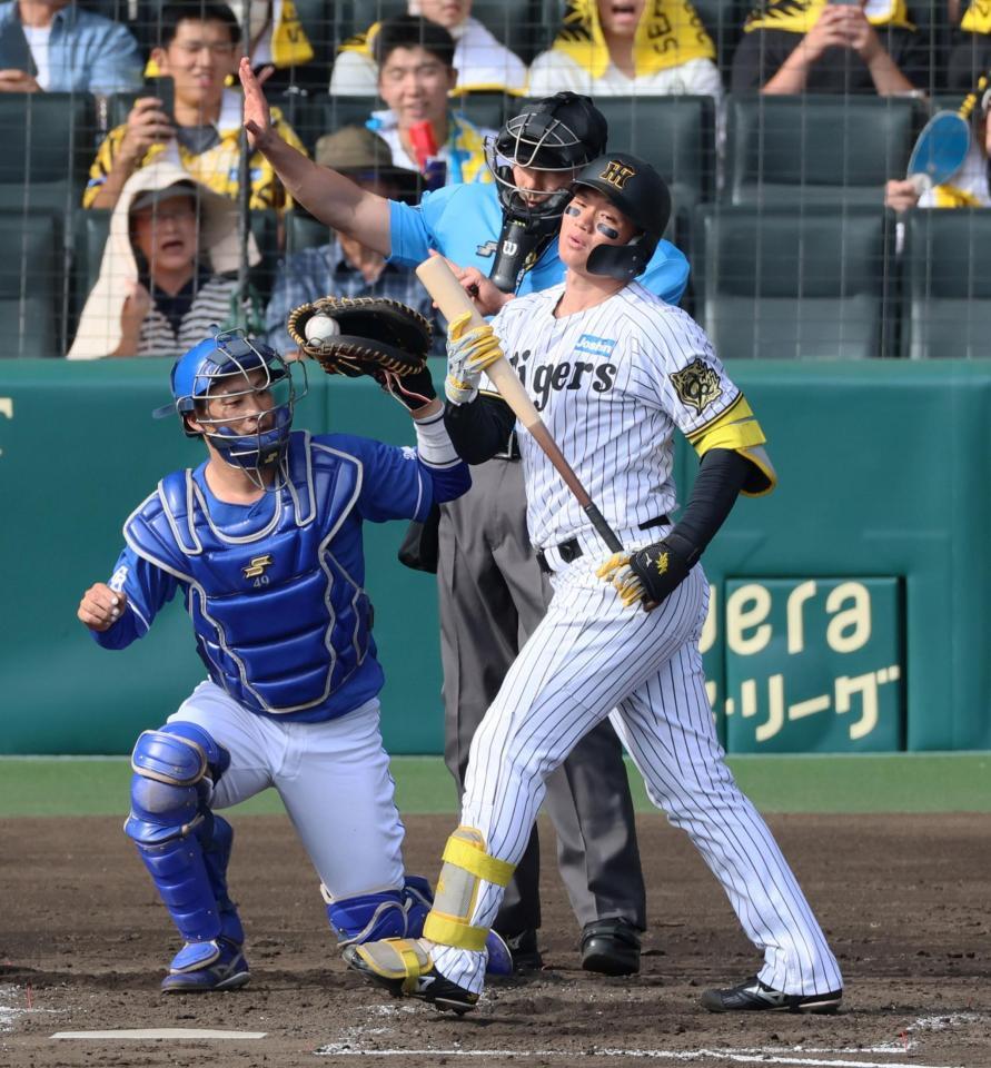 　３回、空振り三振に倒れる森下（撮影・立川洋一郎）