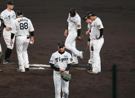 　９回、逆転を許して交代を告げられた岩崎（手前中央）はマウンドを後にする（撮影・北村雅宏）