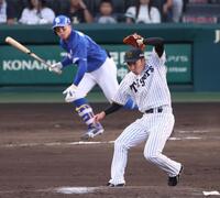 　８回、岡林の打球をかわす石井（撮影・立川洋一郎）