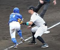 　８回、捕手・坂本から送球を受け、飛び出した三走・岡林をタッチアウトにする三塁手・佐藤輝（撮影・北村雅宏）