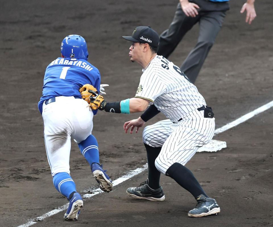 　８回、捕手・坂本から送球を受け、飛び出した三走・岡林をタッチアウトにする三塁手・佐藤輝（撮影・北村雅宏）