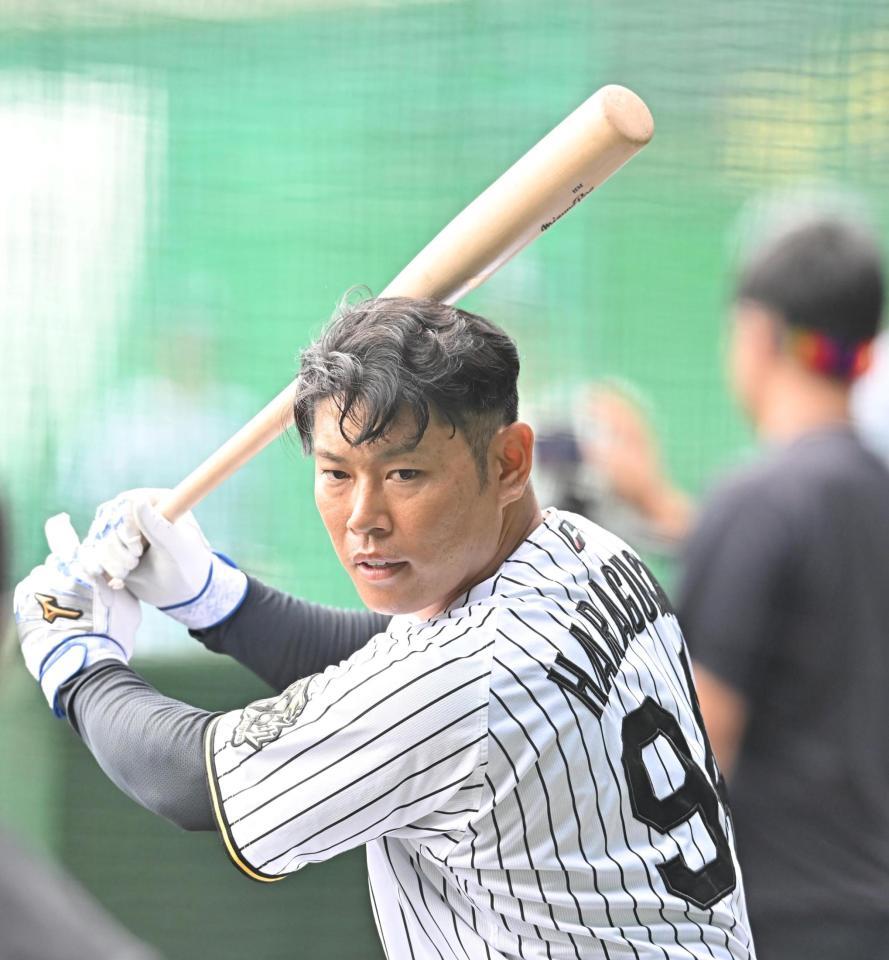 　打撃練習する原口（撮影・西田忠信）