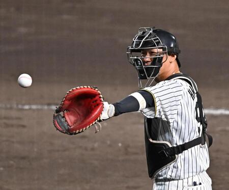 　９回表から捕手に入る原口（撮影・西田忠信）