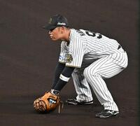 　８回表から一塁の守備に就く原口（撮影・西田忠信）