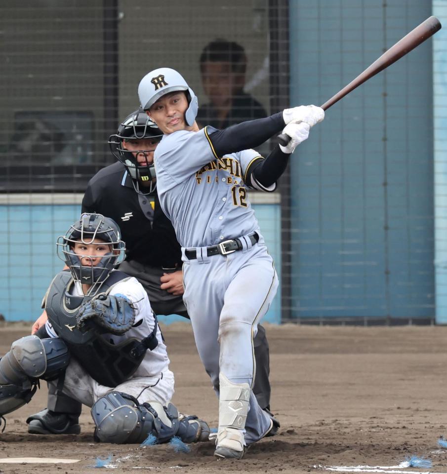 　７回、左前へ安打を放つ坂本（撮影・田中太一）