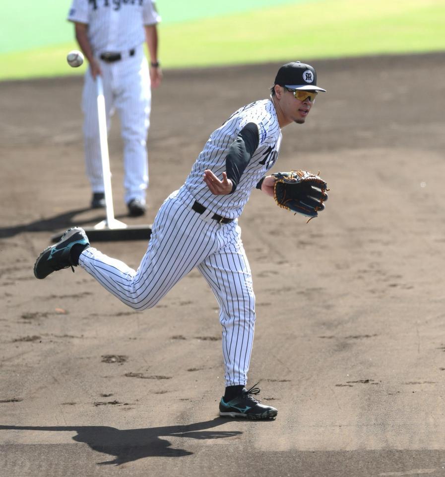 　ノックの打球をバックトスで返球する佐藤輝（撮影・北村雅宏）