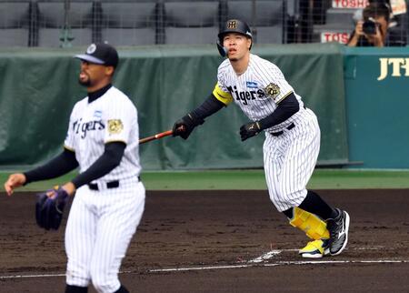 　佐藤輝はシート打撃でデュプランティエから右中間に本塁打を放つ（撮影・山口登）