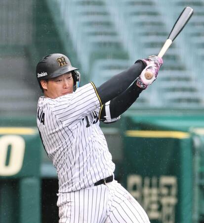 　右前打を放つ大山（撮影・田中太一）