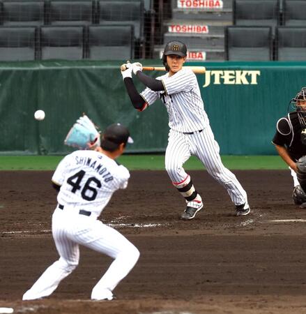 　シート打撃で中前に適時打を放つ小幡（投手・島本）＝撮影・山口登