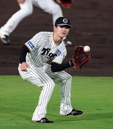シートノックでカットに入る阪神・中野拓夢＝甲子園（撮影・山口登）