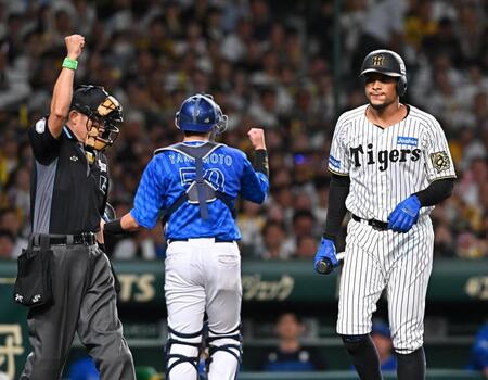 　５回、空振り三振に倒れた代打のヘルナンデス（右）＝撮影・西田忠信