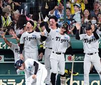 　６回、小野寺の適時打で歓喜する（左から）近本と森下（撮影・田中太一）