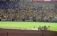 　雨脚が強まり、内野一面にシートが敷かれる（撮影・山口登）