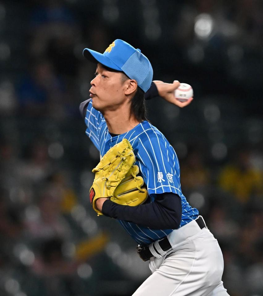 　セレモニアルピッチを務めたバッテリィズのエース（撮影・西田忠信）