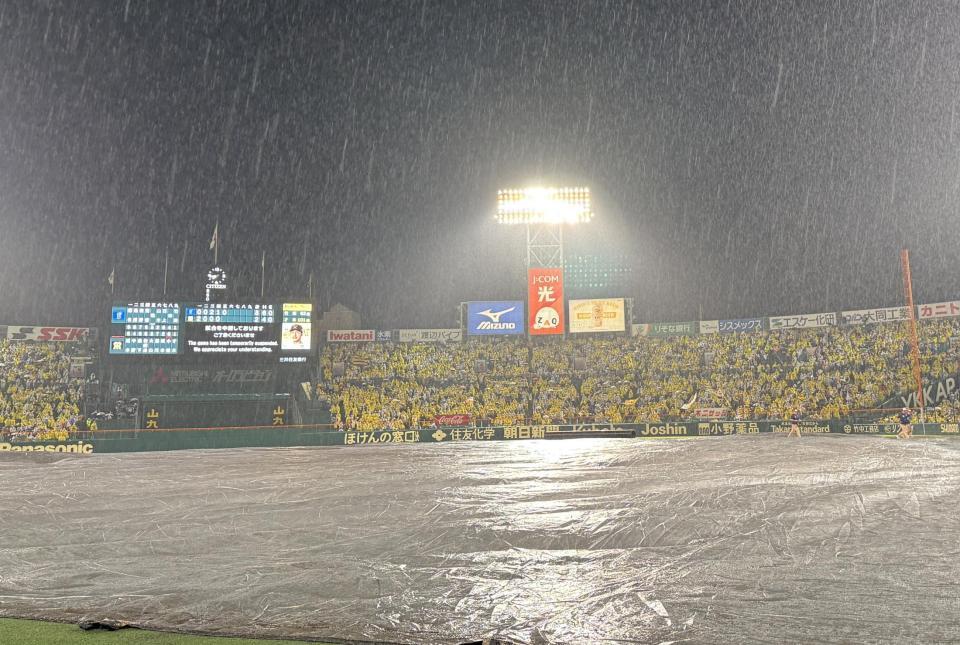 　降雨のため試合が中断される甲子園