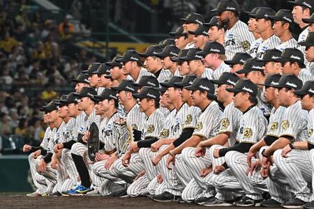 　集合写真に納まる阪神ナイン（撮影・西田忠信）